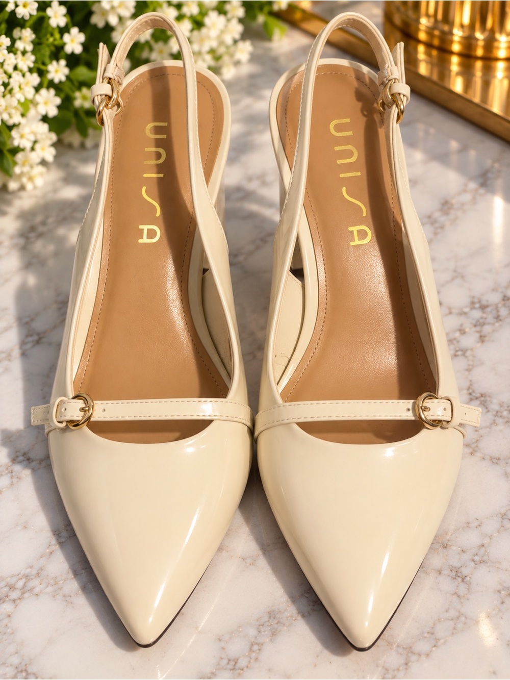 Unisa Cream Patent Pointed Slingback Heels with Buckle